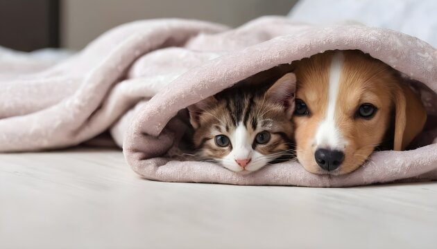 The puppy and the kitten lie under the blanket at home on the bed. Stretched horizontal panoramic image for banner