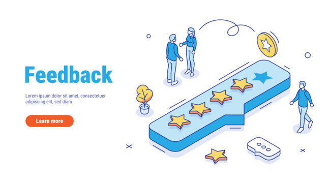 Feedback rating review vector isometric concept. People characters giving five star feedback. Clients choosing satisfaction rating and leaving positive review. Customer service and user experience.