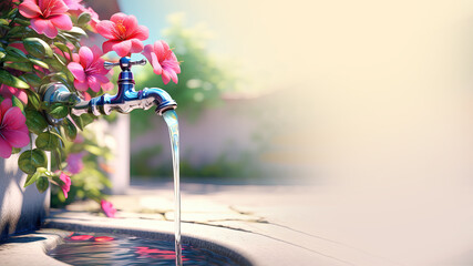 Close-up of a modern kitchen faucet with water. The concept is saving resources. Illustration with space for text. - obrazy, fototapety, plakaty