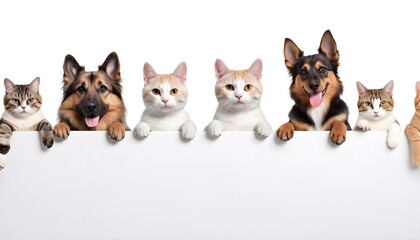 Row of cats and dogs hanging their paws over a white banner. Image sized to fit a popular social...