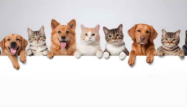 Row of cats and dogs hanging their paws over a white banner. Image sized to fit a popular social media timeline photo placeholder