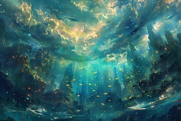 Ethereal ocean in surrealistic painting, dreamlike marine fish floating, imaginary and mystical underwater world - obrazy, fototapety, plakaty
