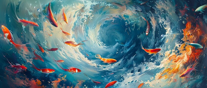 Imaginary surrealistic ocean scene in painting, marine fish swirling in dreamlike waters, vibrant and mystical