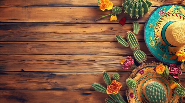 Cinco de Mayo holiday background, Mexican cactus and party sombrero hat on wooden table.