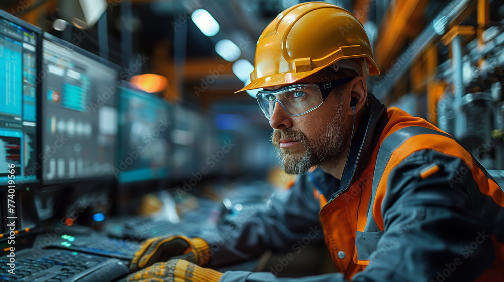 Poster Man in Safety Gear Working on Computer