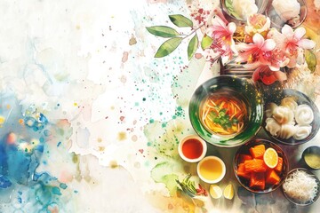 Festive Songkran table setting with traditional food, in lush watercolors