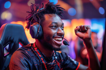 happy black young man esports player smiles and joy at winning esports competitions in arena