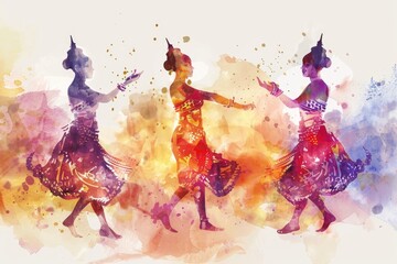 Traditional Thai dancers performing for Songkran, illustrated in graceful watercolors
