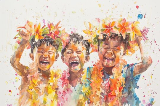 Children wearing flower garlands and enjoying Songkran festival, depicted in cheerful watercolor splashes