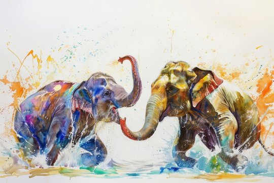 Joyful elephants splashing water in Songkran festival, painted in lively watercolor hues on a white canvas