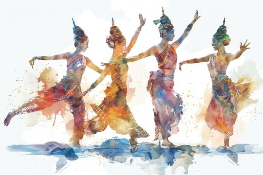 Traditional Thai dancers performing for Songkran, illustrated in graceful watercolors
