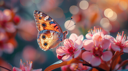 Fluttering Grace: Spring illustration features butterfly perched on a flower under radiant sunlight.
