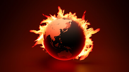 The Earth is burning due to global heat waves caused by global warming.. 3d rendering