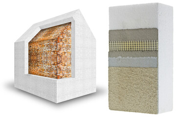 Polystyrene panel for external thermal insulation - Example with the application phases of the various layers and 3D render of home thermally insulated with polystyrene walls - obrazy, fototapety, plakaty