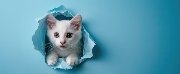White beautiful cute cat looks out of a hole in the blue paper. The conceptual form for registration of a veterinary medicine, copy space
