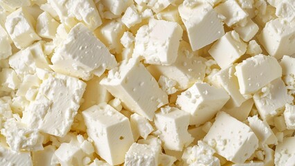 Cubes of Fresh Feta Cheese in a Close-Up View, Displaying the White and Crumbly Texture