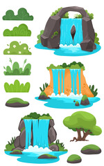 Collection of waterfalls, trees, bushes. Gaming platform, cartoon forest landscape, 2d user interface design for computer or mobile phone. Bright waterfall with stones and vegetation.