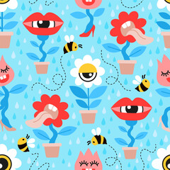 Seamless pattern of crazy house plants in a flat style. Vector hand drawn doodle flowers and bees in a flat style on blue background