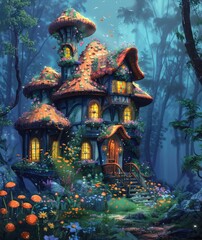 Fototapeta na wymiar Children's digital drawing of a magical elven home including a fairy tale