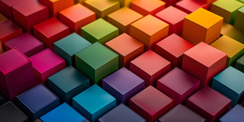 Colorful wooden blocks or blocks of other material, roughly stacked. Wide format. Hand edited AI.