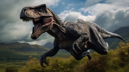 A running Dinosaur Velociraptor in nature. Jurassic World, Historical extinct Animals living Many centuries before our era.