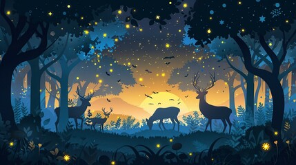 Magical Forest Landscape Paper Cut Gradient Style Illustration. Enchanting Nature Wonderland Concept.