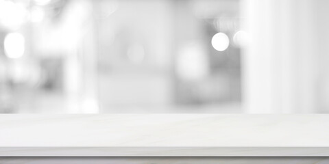 Vertical empty white table top, counter, desk over blur perspective store with bokeh light...
