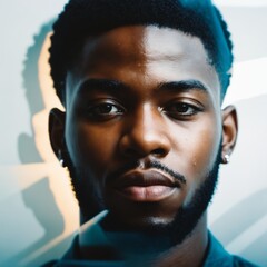 The image is a portrait of a black man with a beard and short hair, looking directly at the viewer. He has a serious expression and is wearing a nose ring. The background is a blue-white gradient.