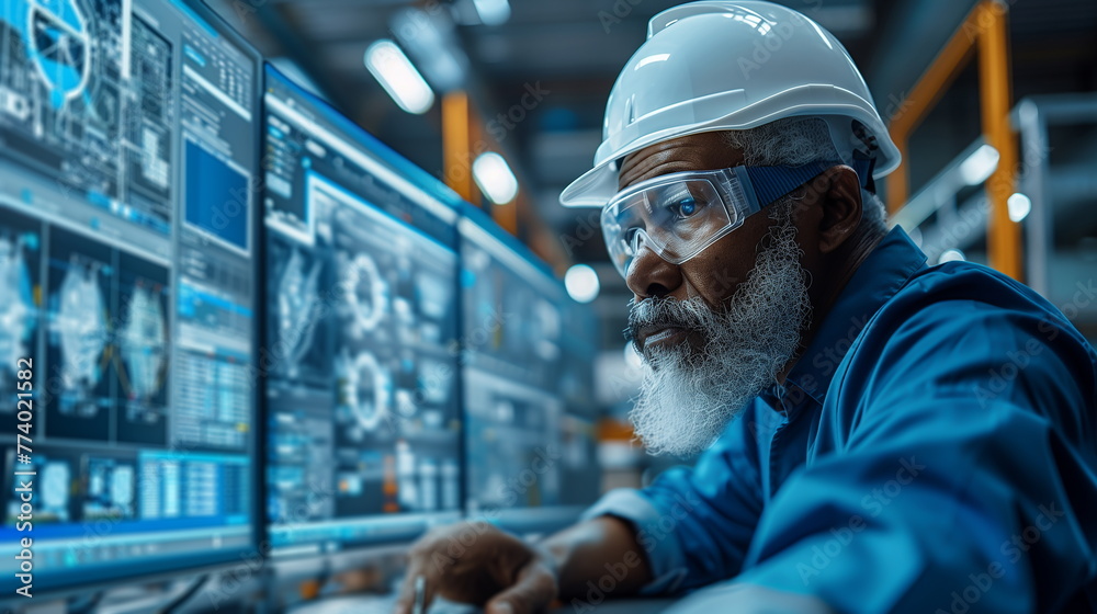 Poster Construction Worker Analyzing Data on Computer Screen