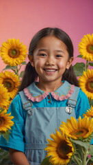 beautiful jolly oriental Asian girl with sunflowers