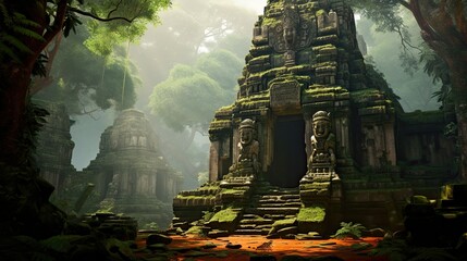 Ruins of ancient city in jungle. Old ruined buildings in forest. Archaeology and history.