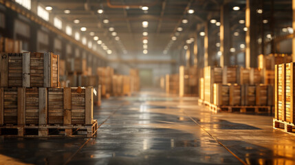 Modern Warehouse Interior with Wooden Pallets and Sunlight - obrazy, fototapety, plakaty