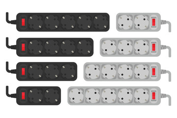 Set of european plug power strips with switches. Power strips with various number of outlets