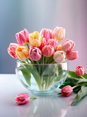 glass bowl with beautiful bunch of colorful tulips over romantic pastel background 