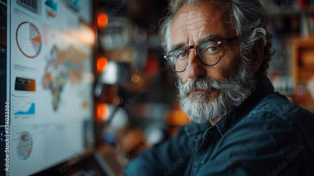 Poster bearded man with glasses looking at computer screen