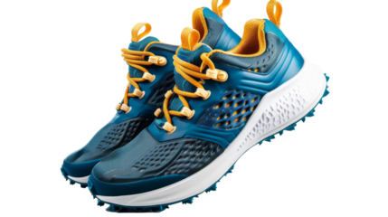 Shoes with blue and yellow laces intertwined in a dynamic and harmonious display