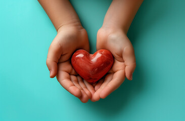 Photo of hands holding a heart shape, with a child's hand on top isolated on a light blue background 