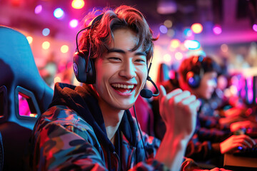 happy asian male player behind a computer monitor is happy to win the cybersports games competition