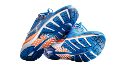 Blue and orange running shoes side by side on a vibrant background