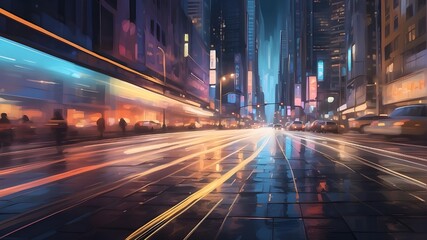 "Digital illustration of the motion blur of a busy urban highway during the evening rush hour. The artwork portrays the chaotic yet mesmerizing scene of cars streaking along a bustling highway amidst 