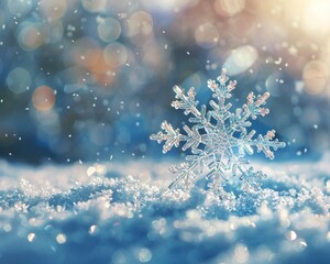 Fototapeta na wymiar Snowflake on dreamy winter journey, softfocus travel background, tranquil and serene atmosphere