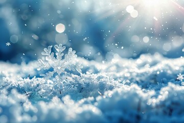 Dreamy winter landscape, snowflake closeup, travel theme, ethereal softfocus background
