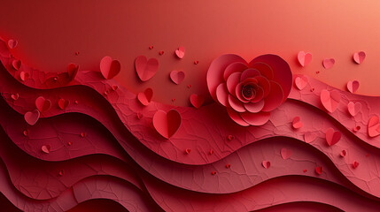 Abstract paper cut floral hearts on red background, Valentines day concept