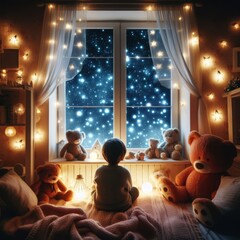 Child sitting in a dreamlike room filled with teddy bears and soft lights, gazing at a magical starry night through a window.. AI Generation - obrazy, fototapety, plakaty