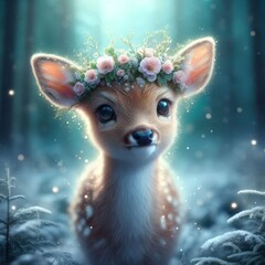 An enchanting fawn's gaze captures the heart, with a blossom crown enhancing its innocence against a soft, snowy backdrop.. AI Generation