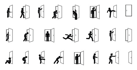icon with a man with a door, stick figure man opens and closes the door, isolated silhouettes of people, entrance and exit