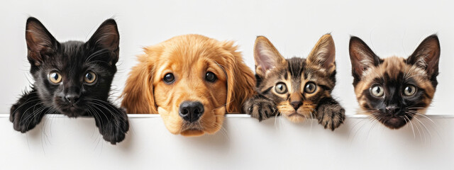 Obraz premium Adorable Pet Parade: Cute Dogs and Cats Peeking Over Edge