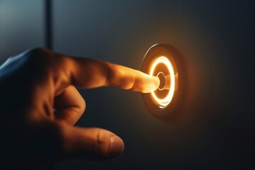 A human finger poised to press a luminous, futuristic button against a dark background.
