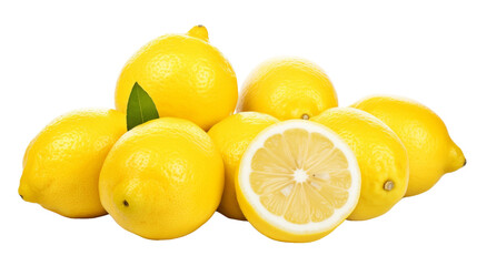 A pile of vibrant lemons with one perfectly halved, exposing juicy pulp and seeds