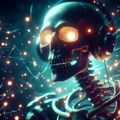 A surreal depiction of a human skull wearing headphones, eyes aglow with vibrant yellow light amidst a network of floating sparks.. AI Generation